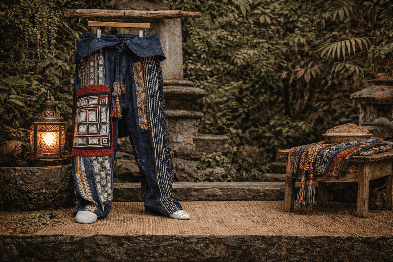 Handcrafted tribal clothing display in a natural ethnic-inspired setting